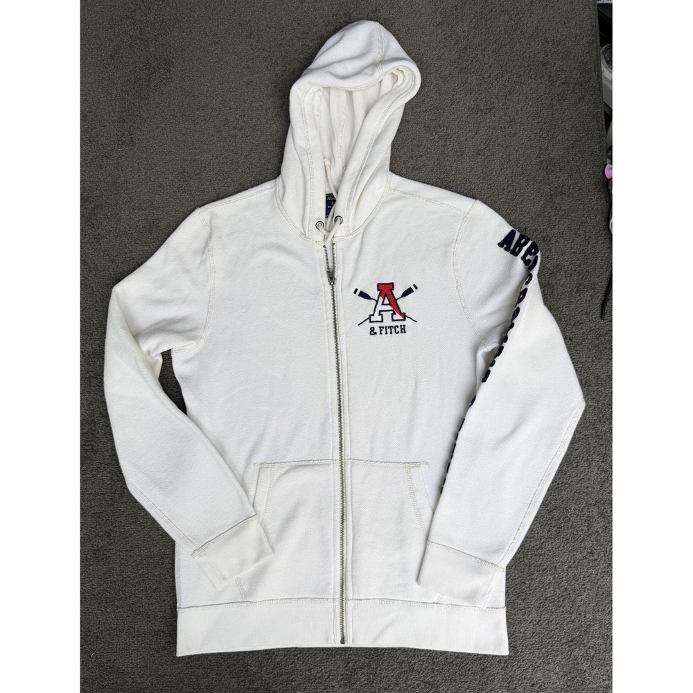 Abercrombie & Fitch Mens Full Zip Hoodie Cream Varsity Logo Sleeve Graphic M